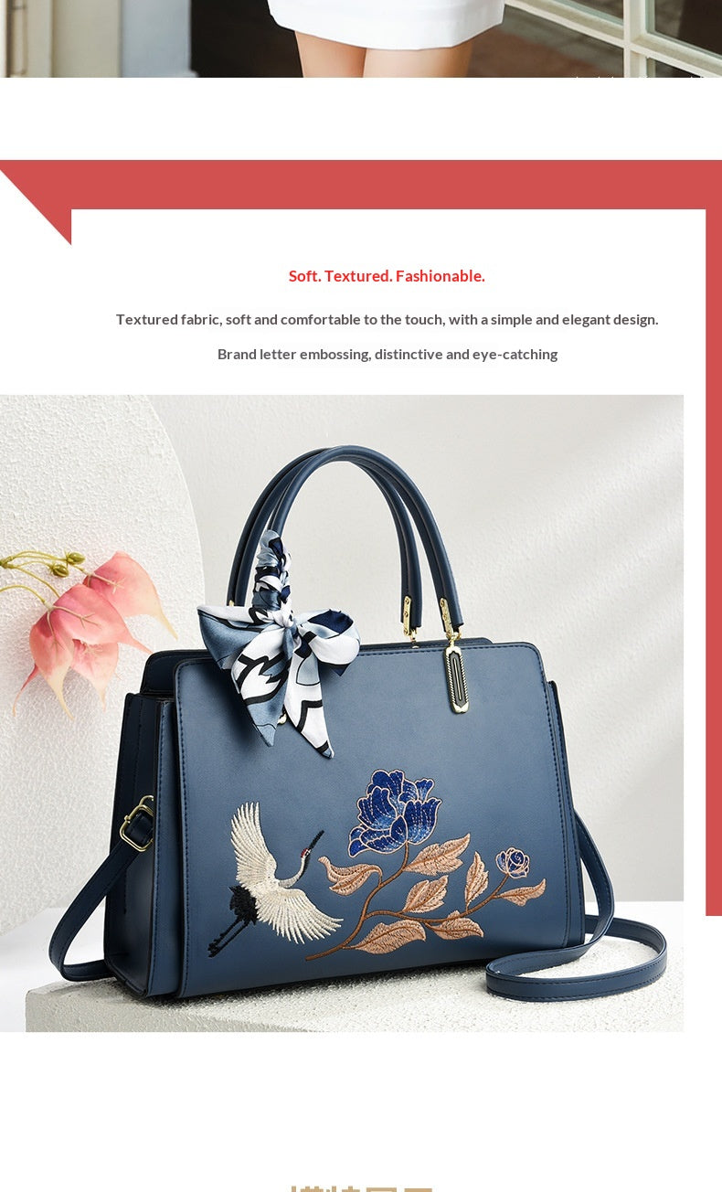 Womens New Chinese-Style National-Flair Embroidered Crane Fashion Crossbody Tote Bag