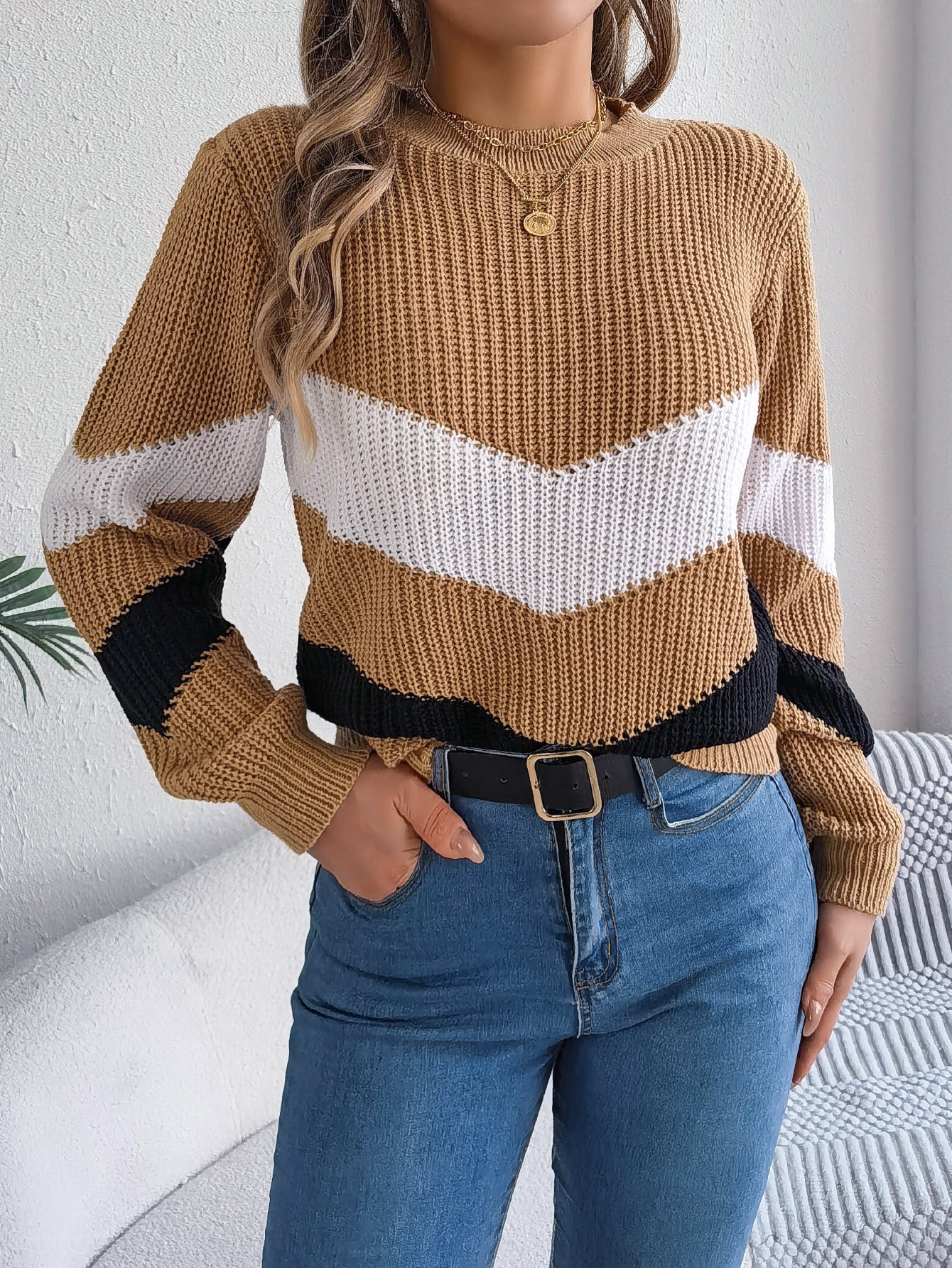 Casual Multicolor Lantern Long Sleeve Pullover