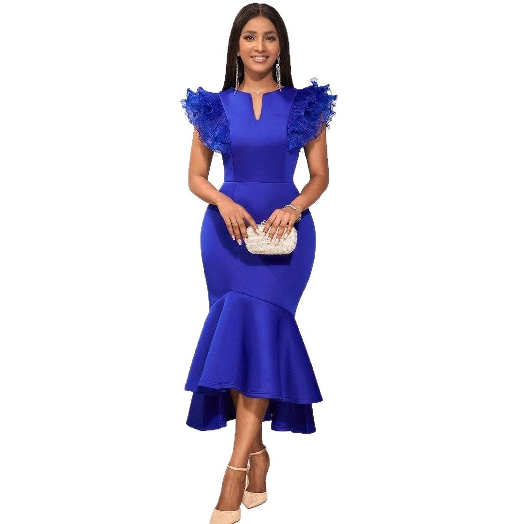 Banquet Temperament High Waist Lotus Leaf Pleated Short Sleeve Dress