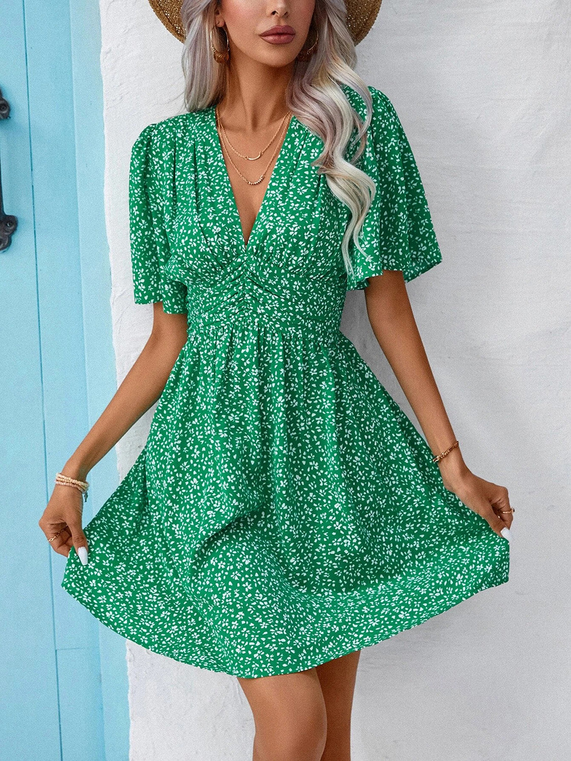 Printed V-Neck Half Sleeve Mini Dress