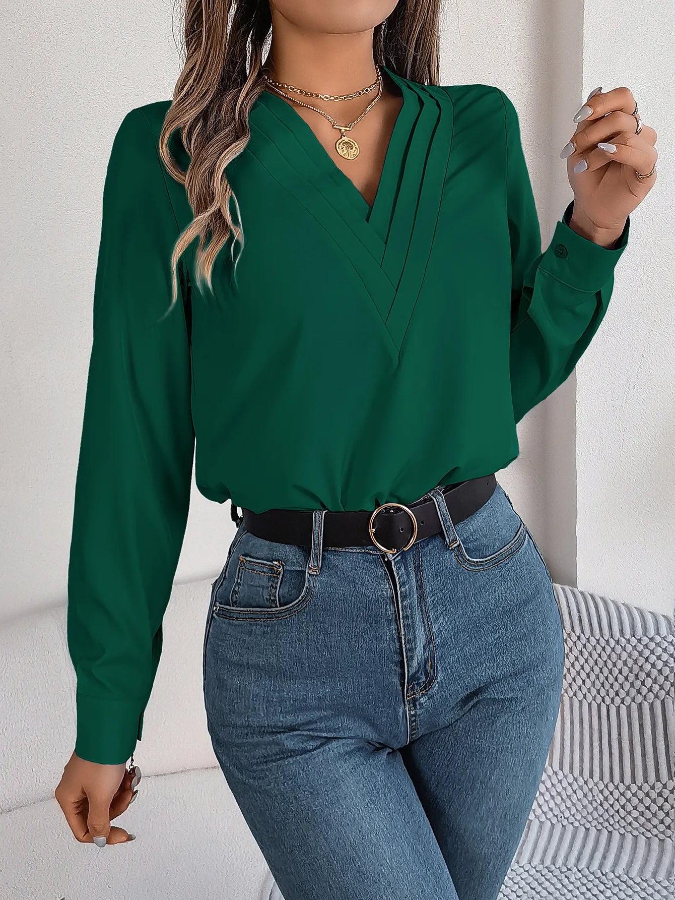 Fashion V-Neck Long Sleeve Shirt Elegant Commuter Solid Blouse Office Women's Clothing