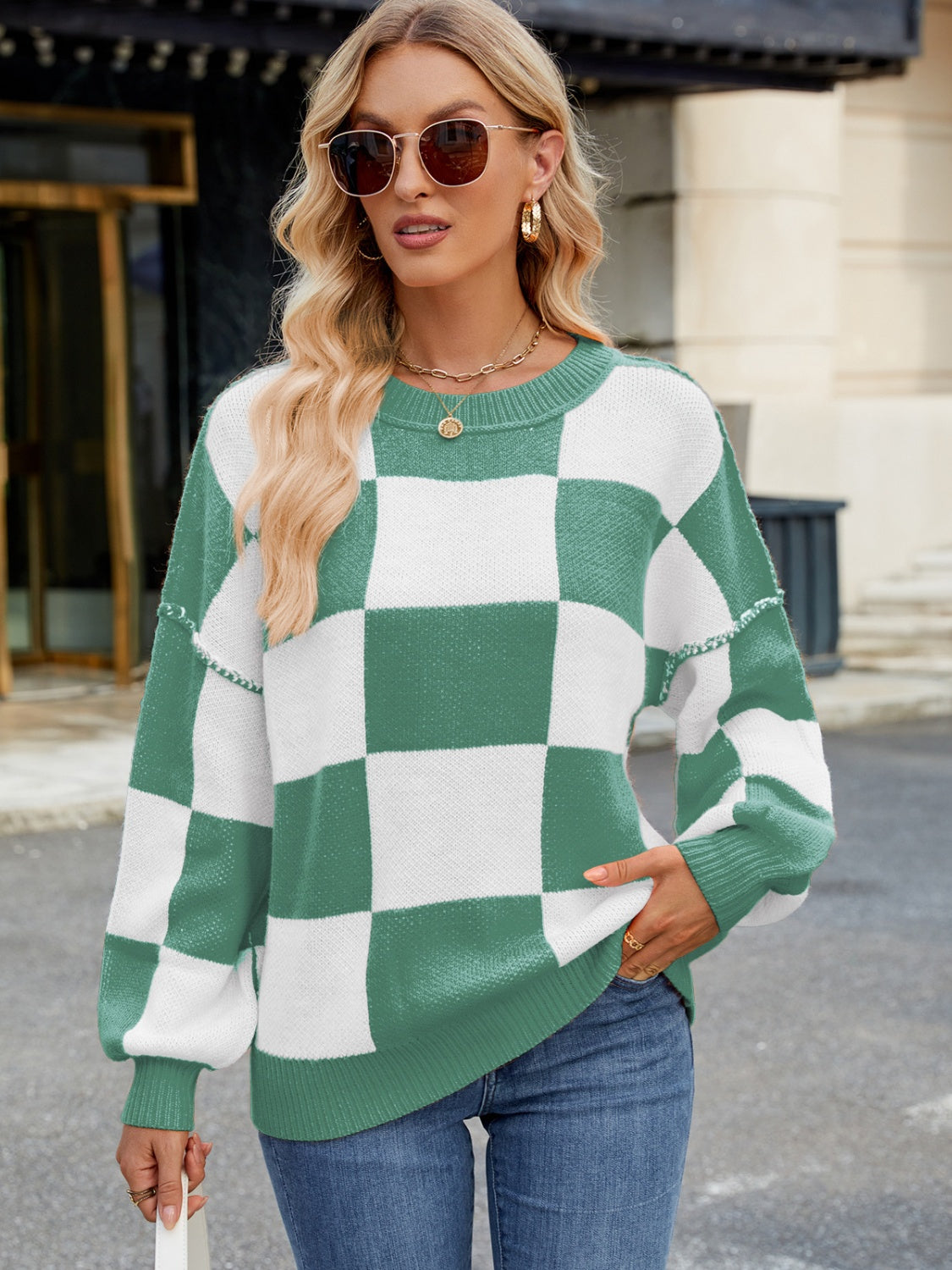 Plaid Round Neck Long Sleeve Sweater