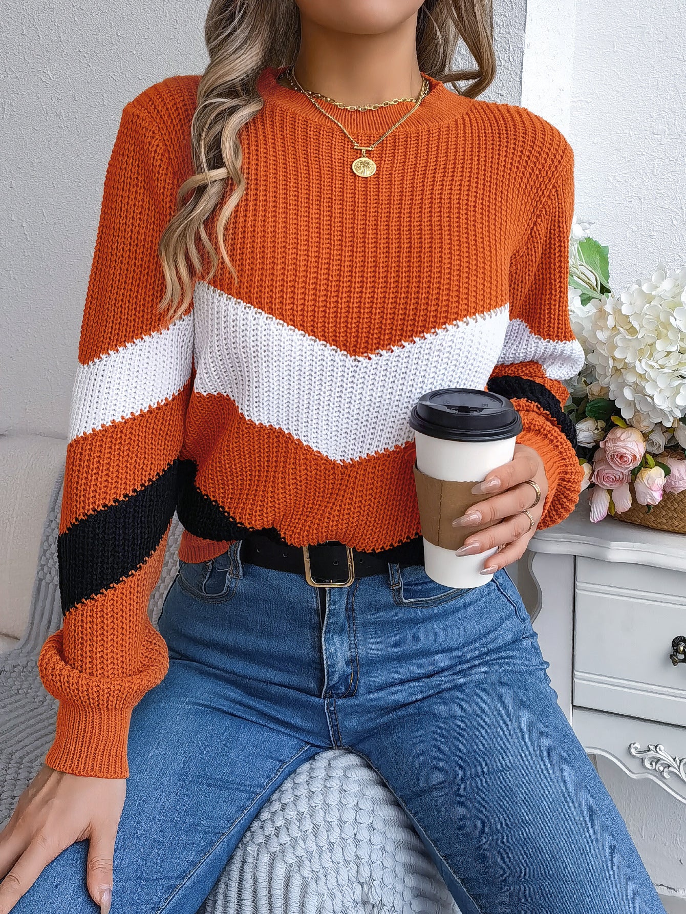 Casual Multicolor Lantern Long Sleeve Pullover
