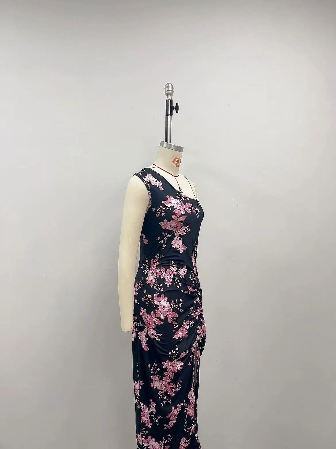 Oblique Shoulder Printed Sheath Dress High Slit