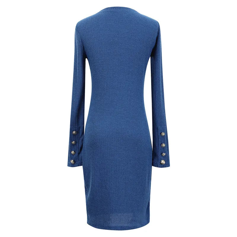 Button Sexy Hip Skirt Long Sleeve Dress