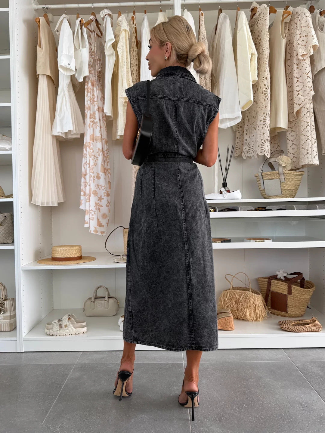 Women's Casual Sleeveless Lace-up Long Dresses Fashion Pockets Solid Party Office Elegant Lapel Single Breasted Denim Dress Summer
