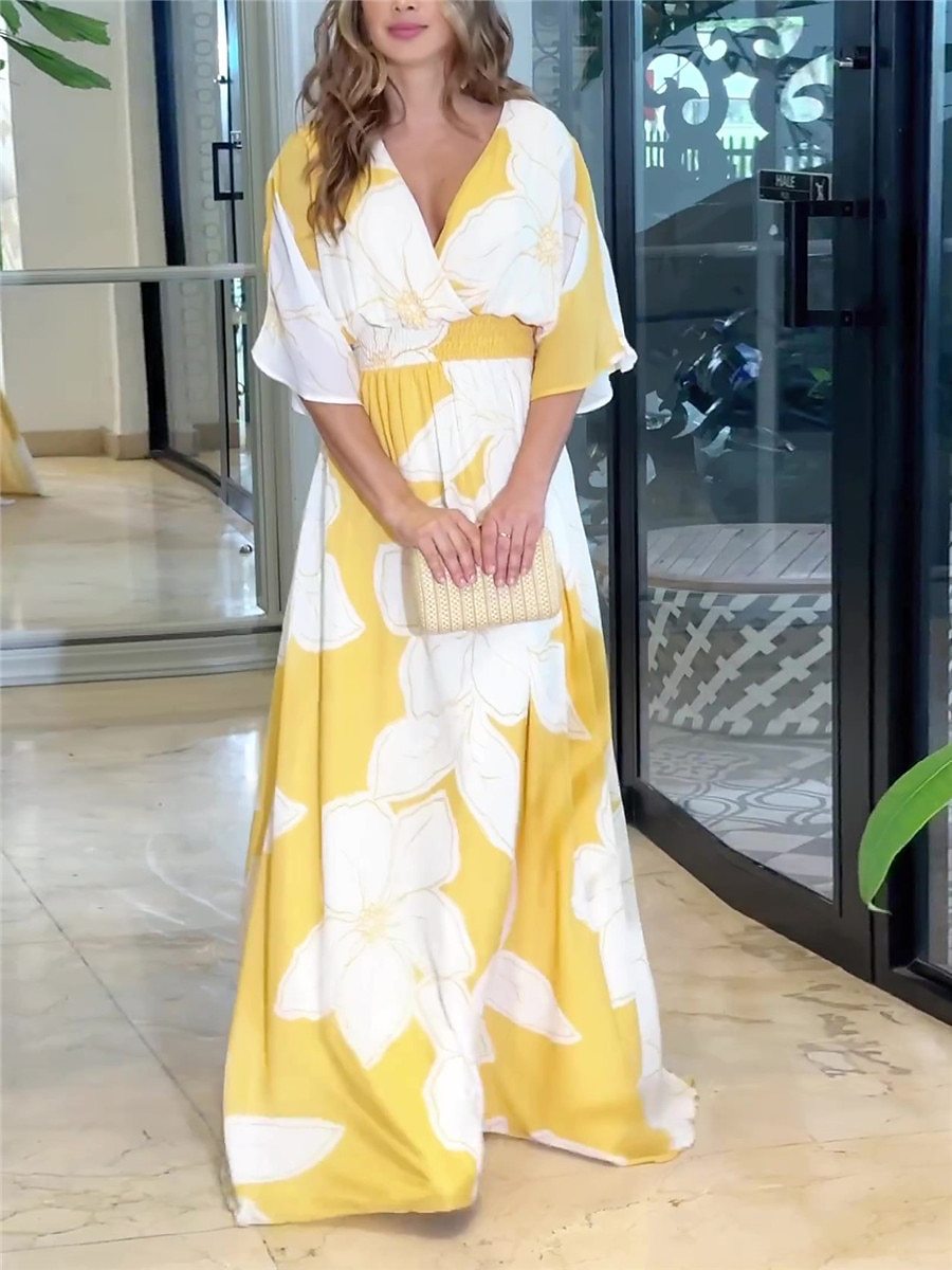 Flower Printed V-neck Batwing-sleeved Dress Fashion Elegant Backless Long Dresses Women's Clothing