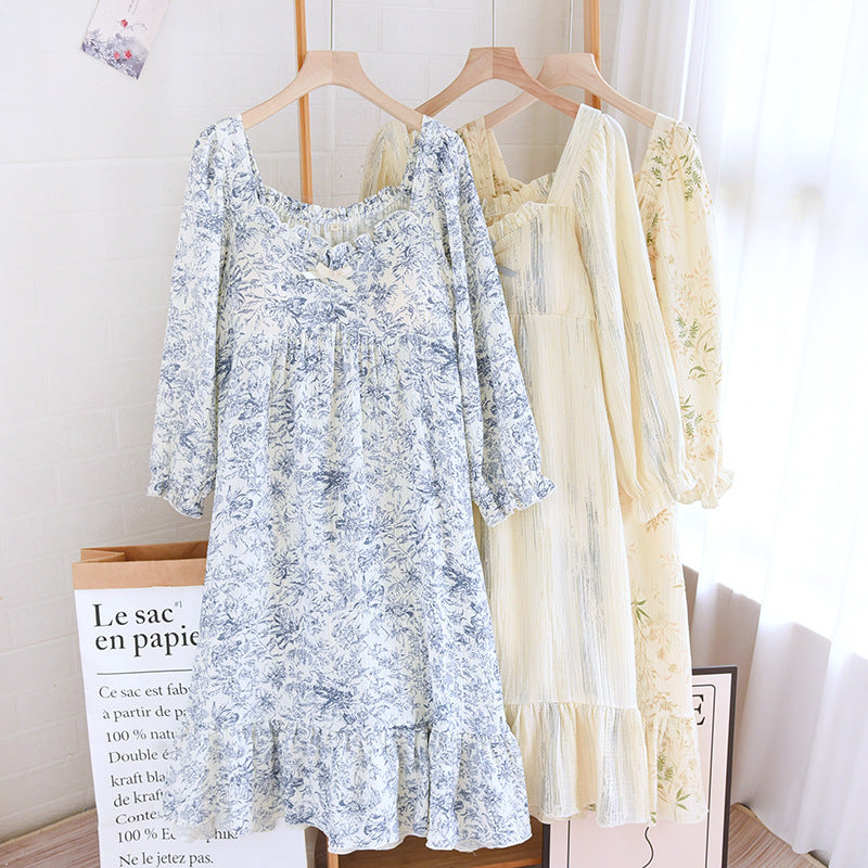 Cotton Crepe Chest Pad Long Sleeve Skirt U-collar Pullover Nightdress