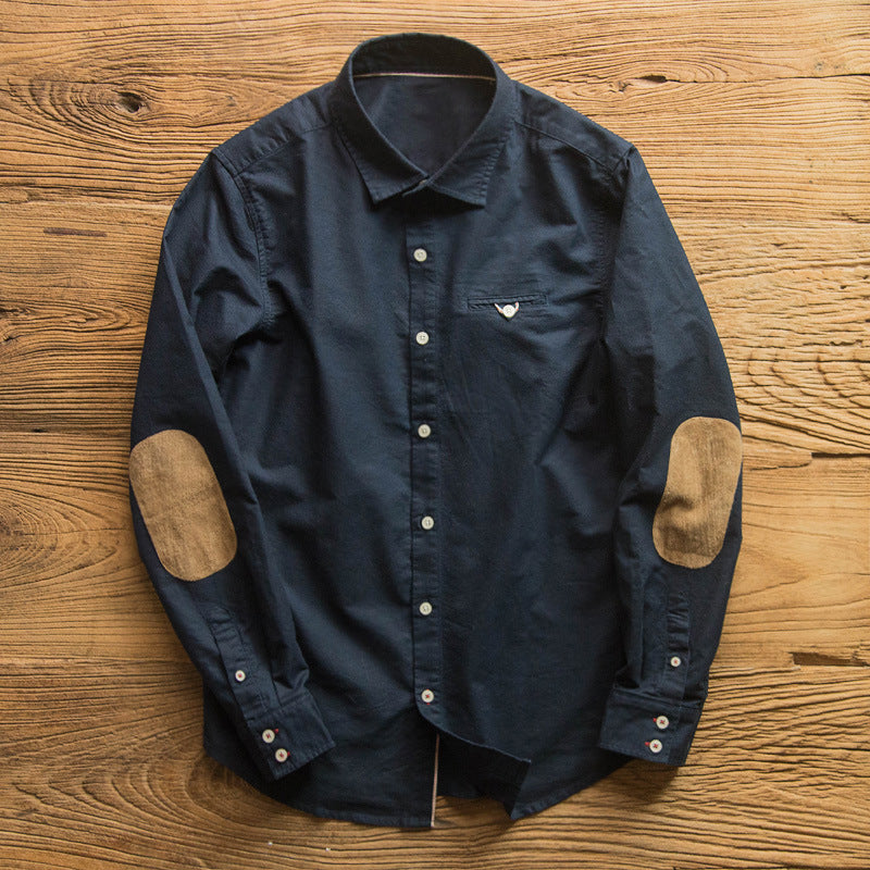 Long Sleeve Retro Men's Shirt Stitching Suede Patch Slim Shirt Men