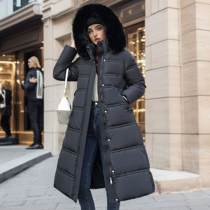 Winter Slim Long Jacket With Fur Hood And Belt Fashion Solid Hooded Coat Warm Clothing For Women