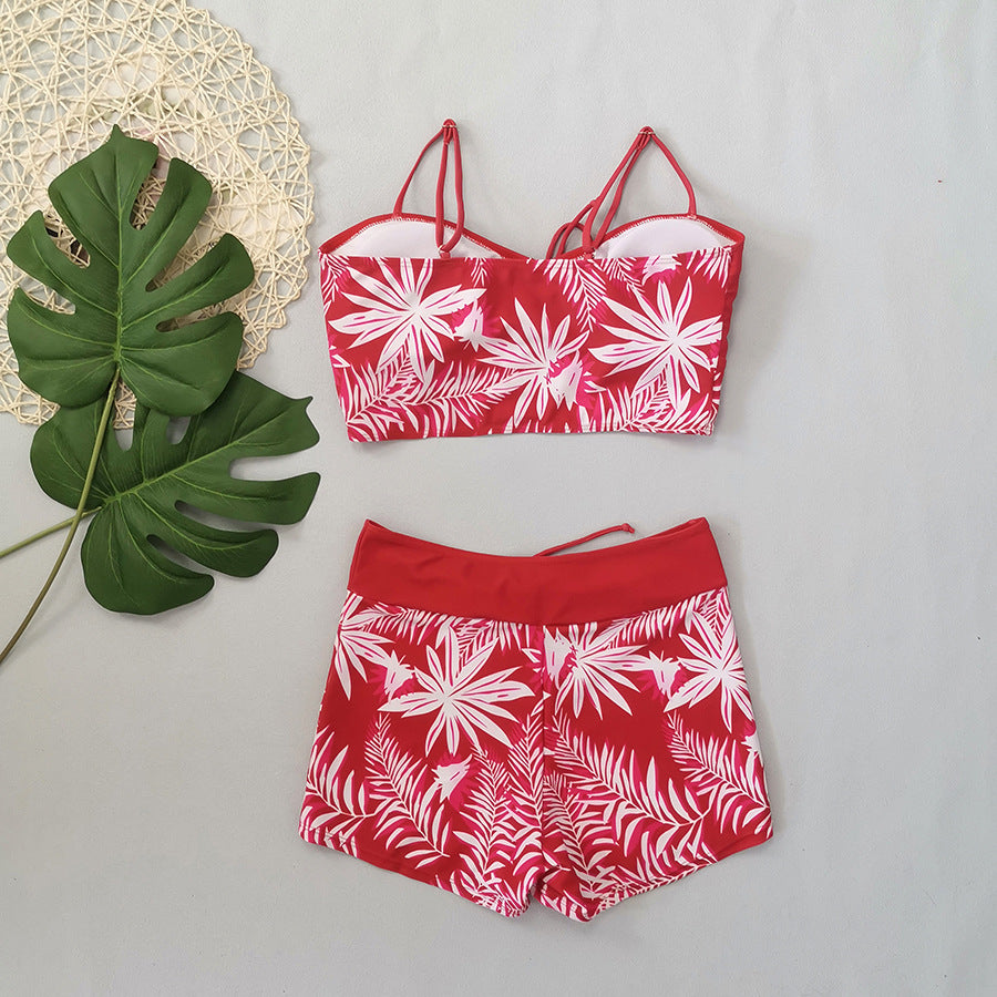 Women's Split High Waist Boxer Lace Printing Swimsuit
