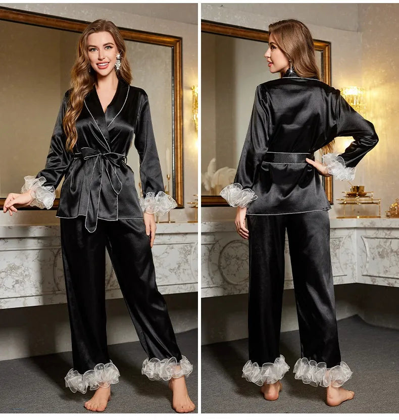 Elegant Women's Ice Silk Pajamas Set with Lace – Long Sleeve & Pants Sleepwear