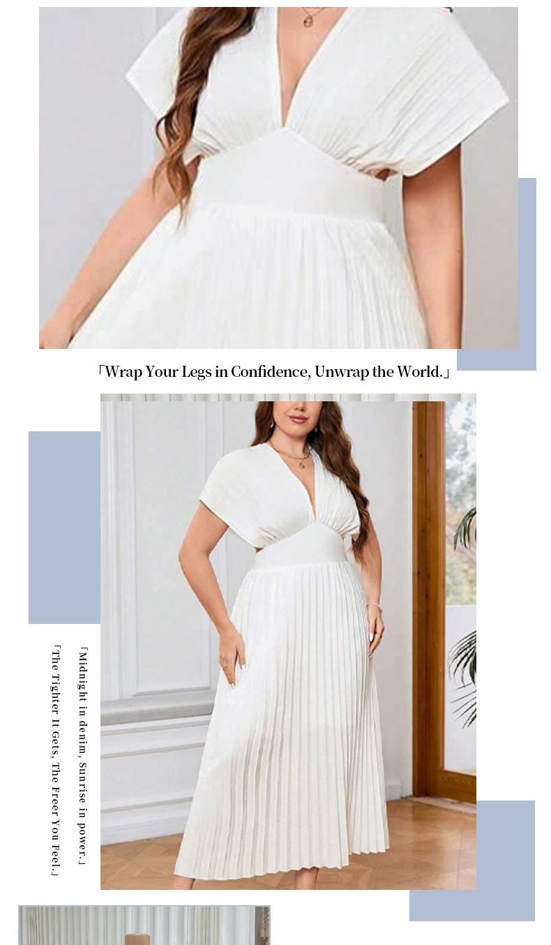 V-neck Sexy Bat Sleeve Slim-fit Pleated A- Line Dress