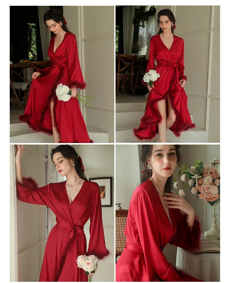 Women's Feather Satin Long Robe
