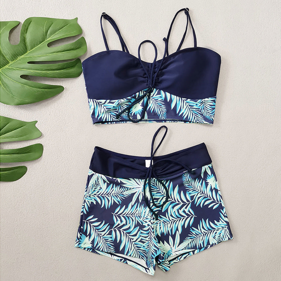 Women's Split High Waist Boxer Lace Printing Swimsuit
