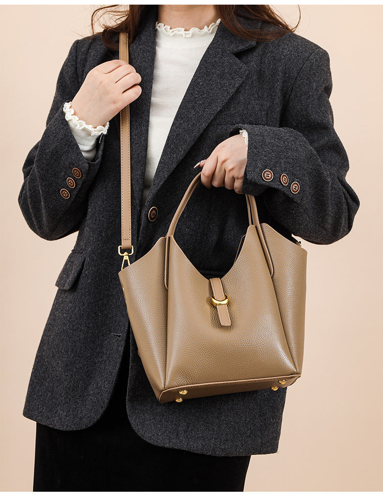 Genuine Leather Women's Large Capacity Hand Holding Bucket Bag