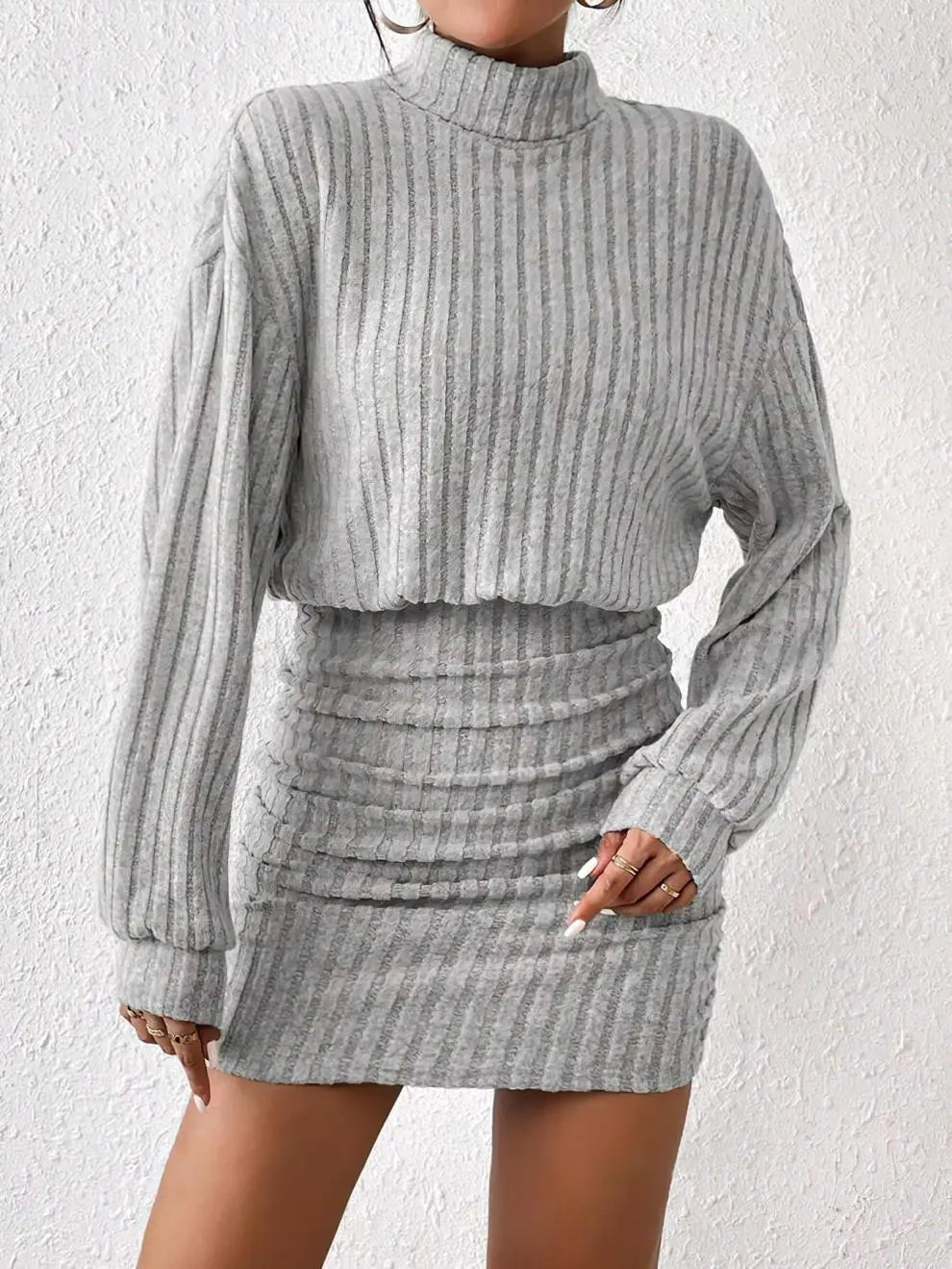 Sunken Stripe Turtleneck Sheath Long Sleeve Dress
