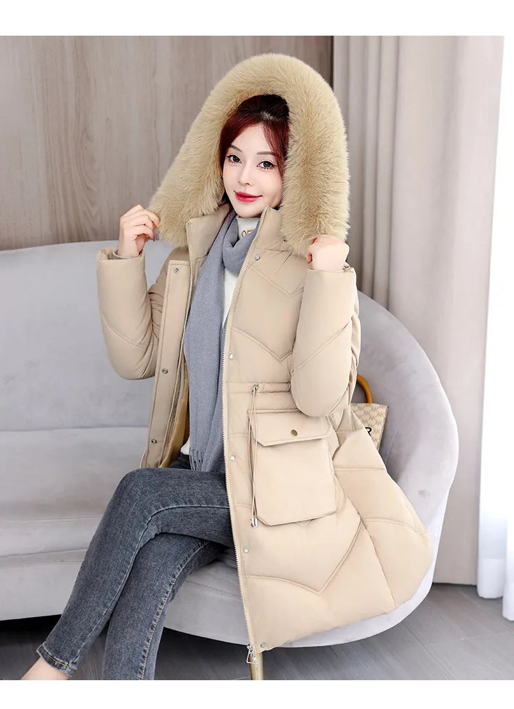 Women's Mid-length Big Fur Collar Hooded Cotton Vest Cotton-padded Jacket