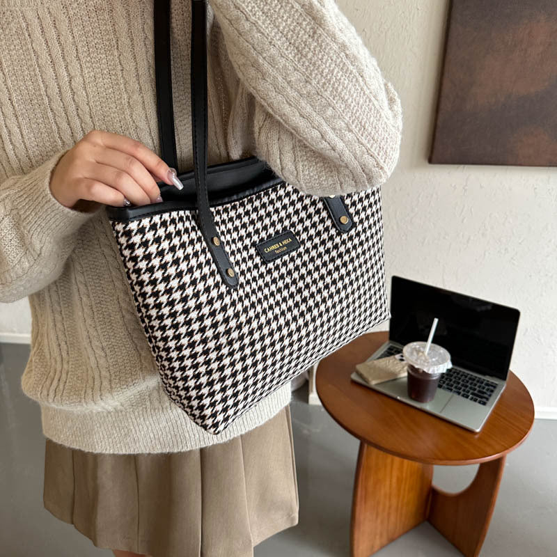 Houndstooth Shoulder Bag Winter Fashion Commuting Handbags Women Large Capacity Totes Casual Shopping Bag