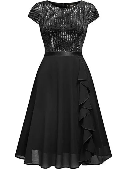 Women's Round Neck Sequins Chiffon Stitching Evening Dress