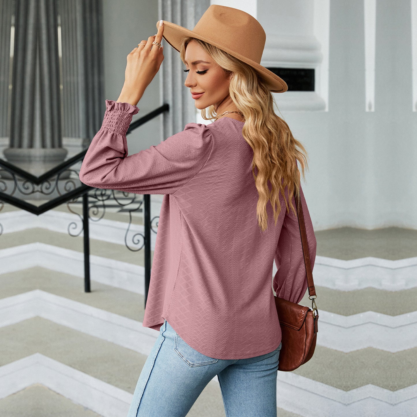 New Jacquard Pleated Square Neck T-shirt Fashion Solid Color Long Sleeve Pullover Tops Womens Clothing