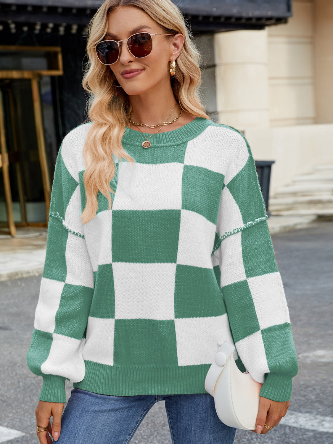 Plaid Round Neck Long Sleeve Sweater