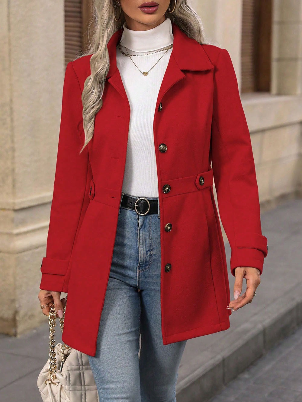 Mid-length Elegant Lapel Button Temperament Slim-fit Woolen Coat