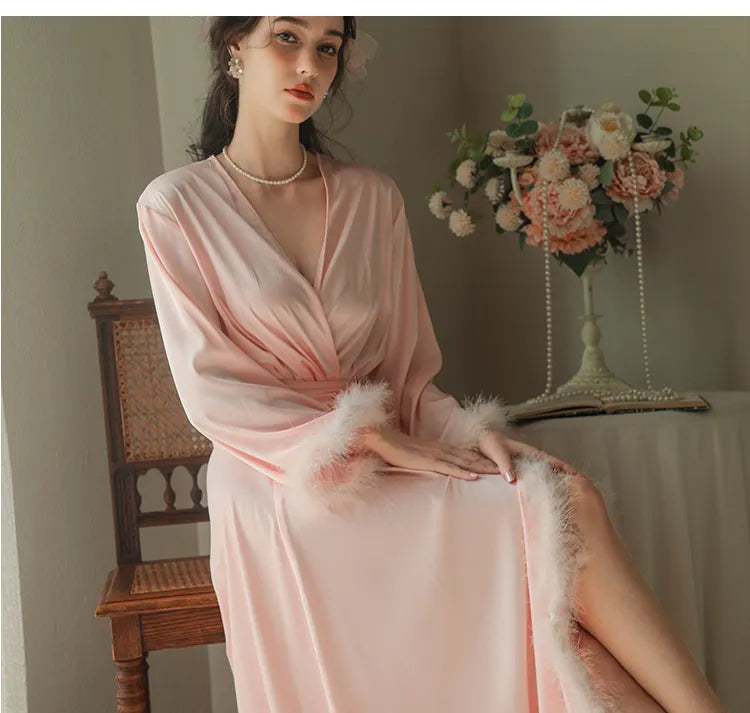Women's Feather Satin Long Robe