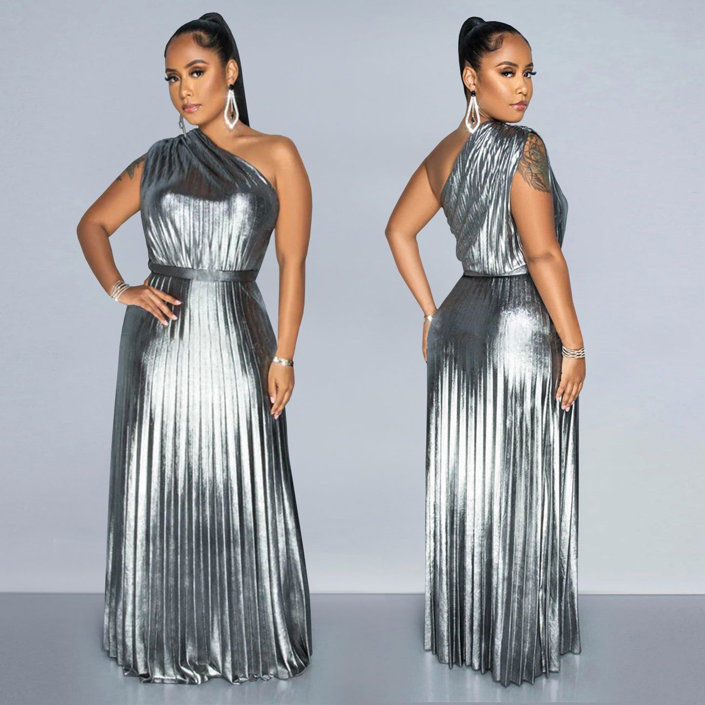 European And American Fashion Elegant Bronzing Oblique Shoulder Sleeveless Solid Color Dress