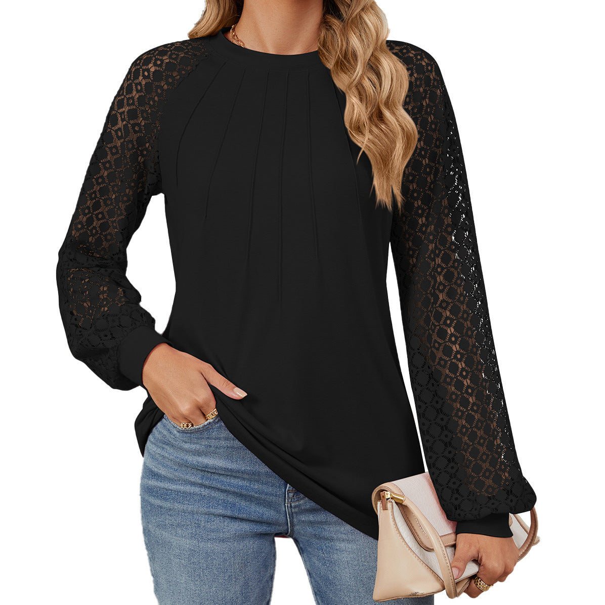 New Lace Long Sleeve Round Neck T-shirt Fashion Loose Solid Color Pullover Top For Womens Clothing