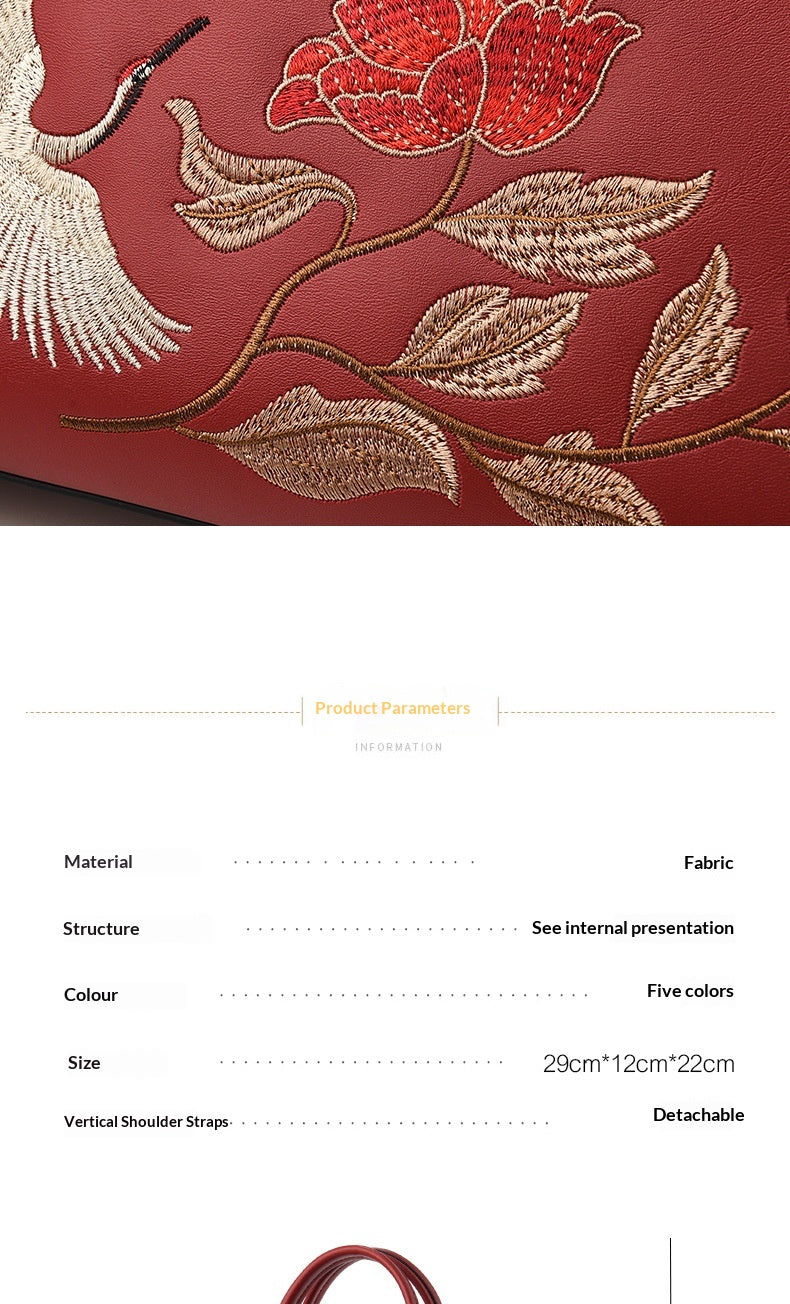 Womens New Chinese-Style National-Flair Embroidered Crane Fashion Crossbody Tote Bag