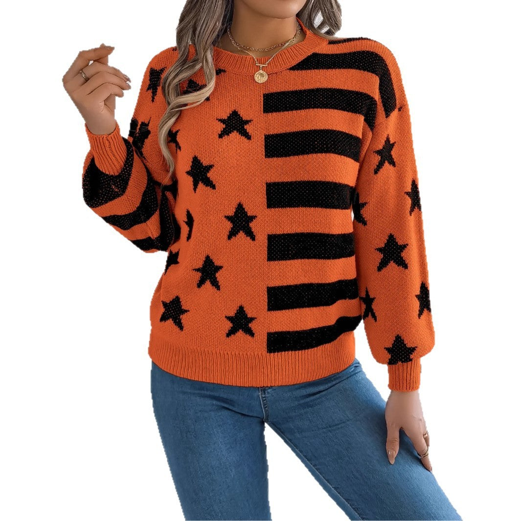 Casual Star Stripes Lantern Long Sleeve Pullover
