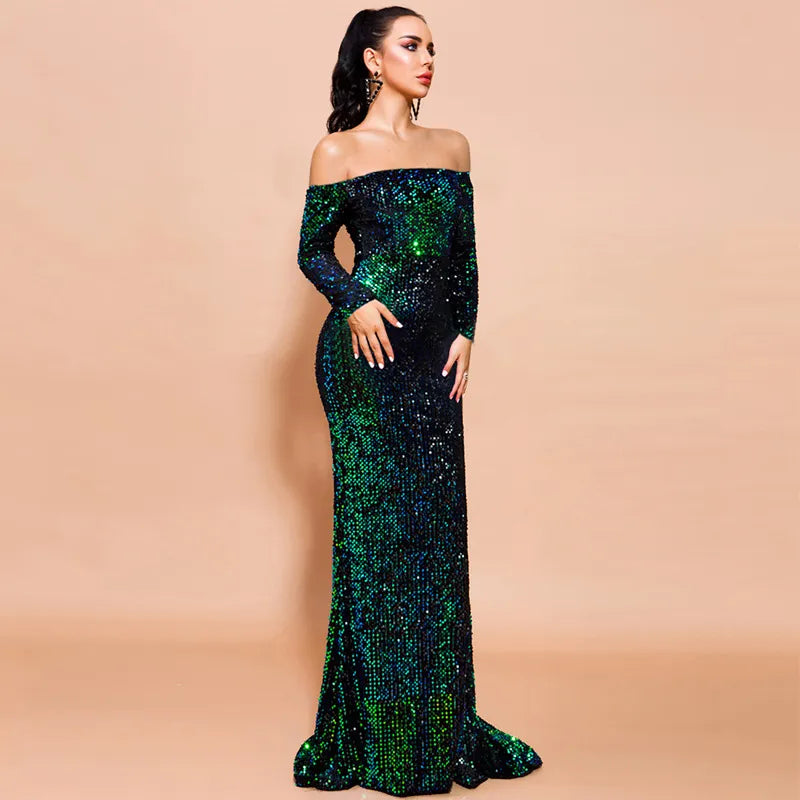 Sexy Strapless Long Sleeve Sequins Party Evening Dress