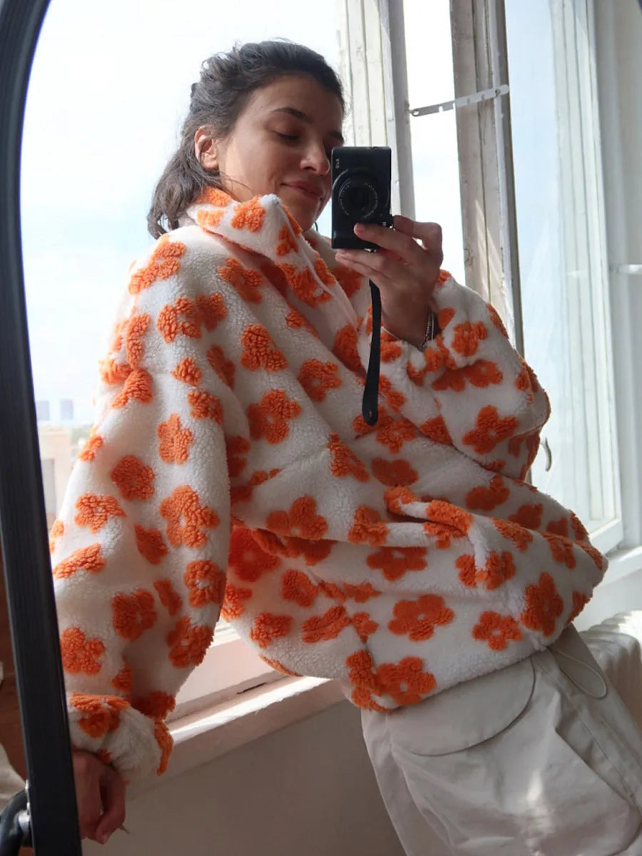 Winter Flowers Lambskin Sweatshirt With Big Pocket Casual Loose Zip-up Lapel Pullover Top Women's Clothing