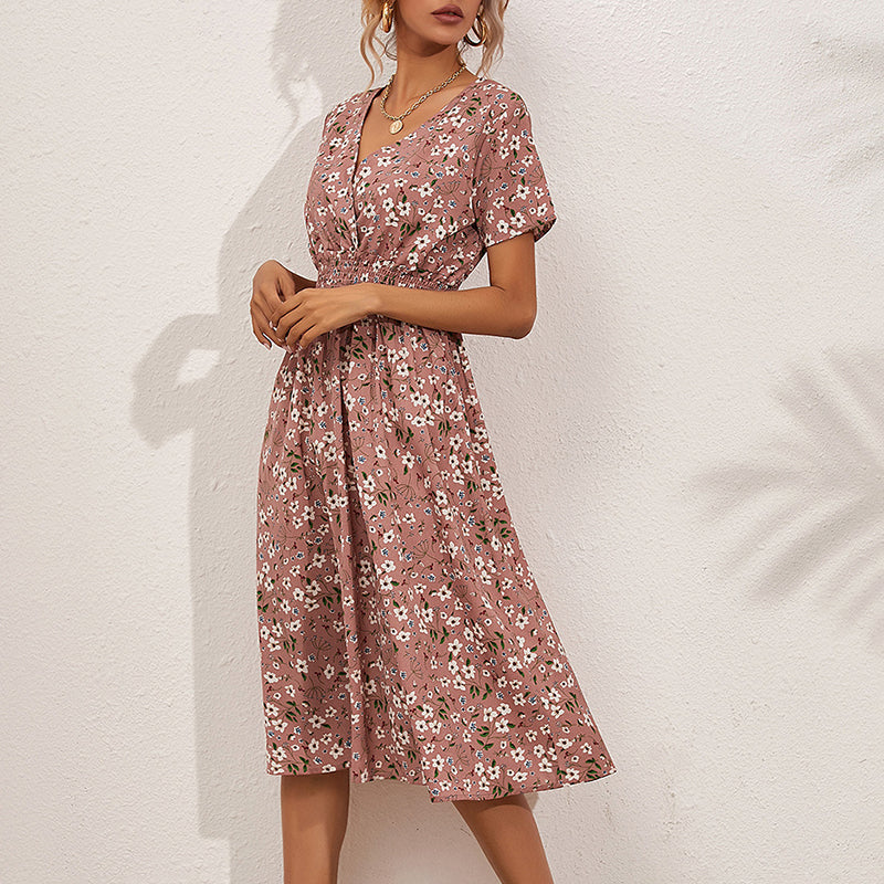 Women's V-Neck Floral Print Dress - A-Line Waisted Summer Maxi Dress - Free USA Shipping