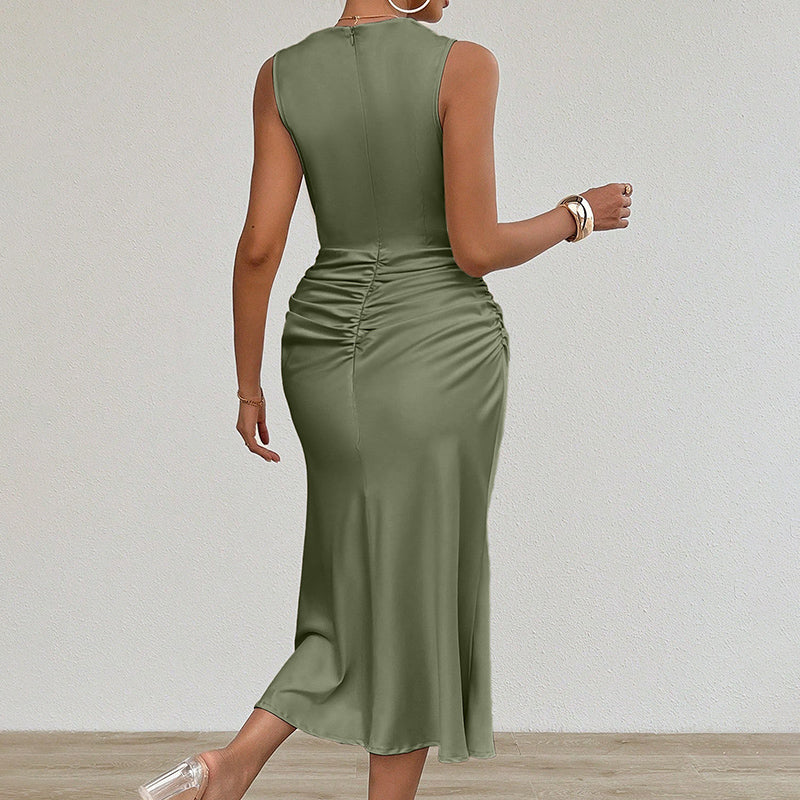 Women's Summer Sleeveless Tank Dress Crew Neck Slim Fit Ruched Bodycon Dress Casual Party Club Dress-FREE USA SHIPPING