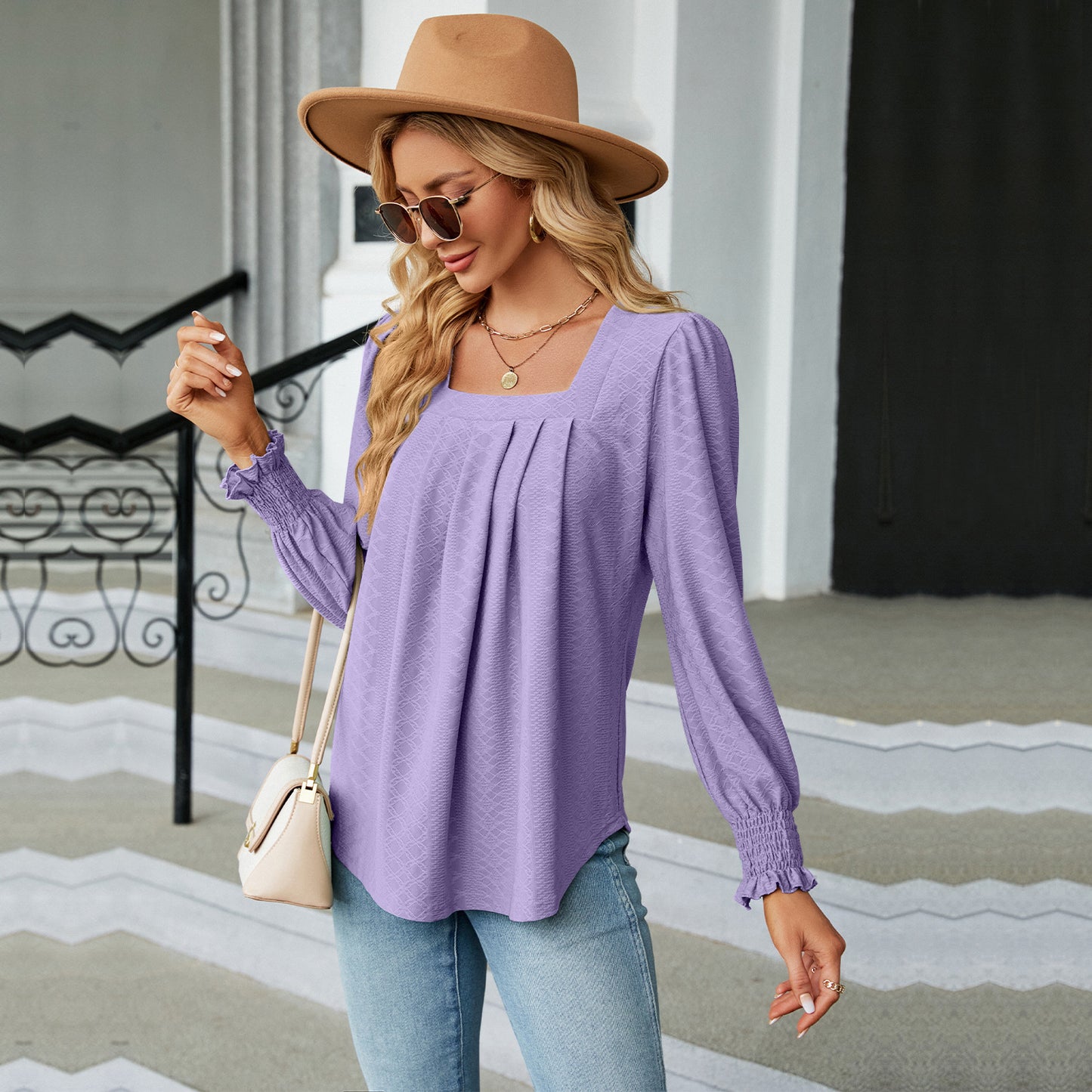 New Jacquard Pleated Square Neck T-shirt Fashion Solid Color Long Sleeve Pullover Tops Womens Clothing