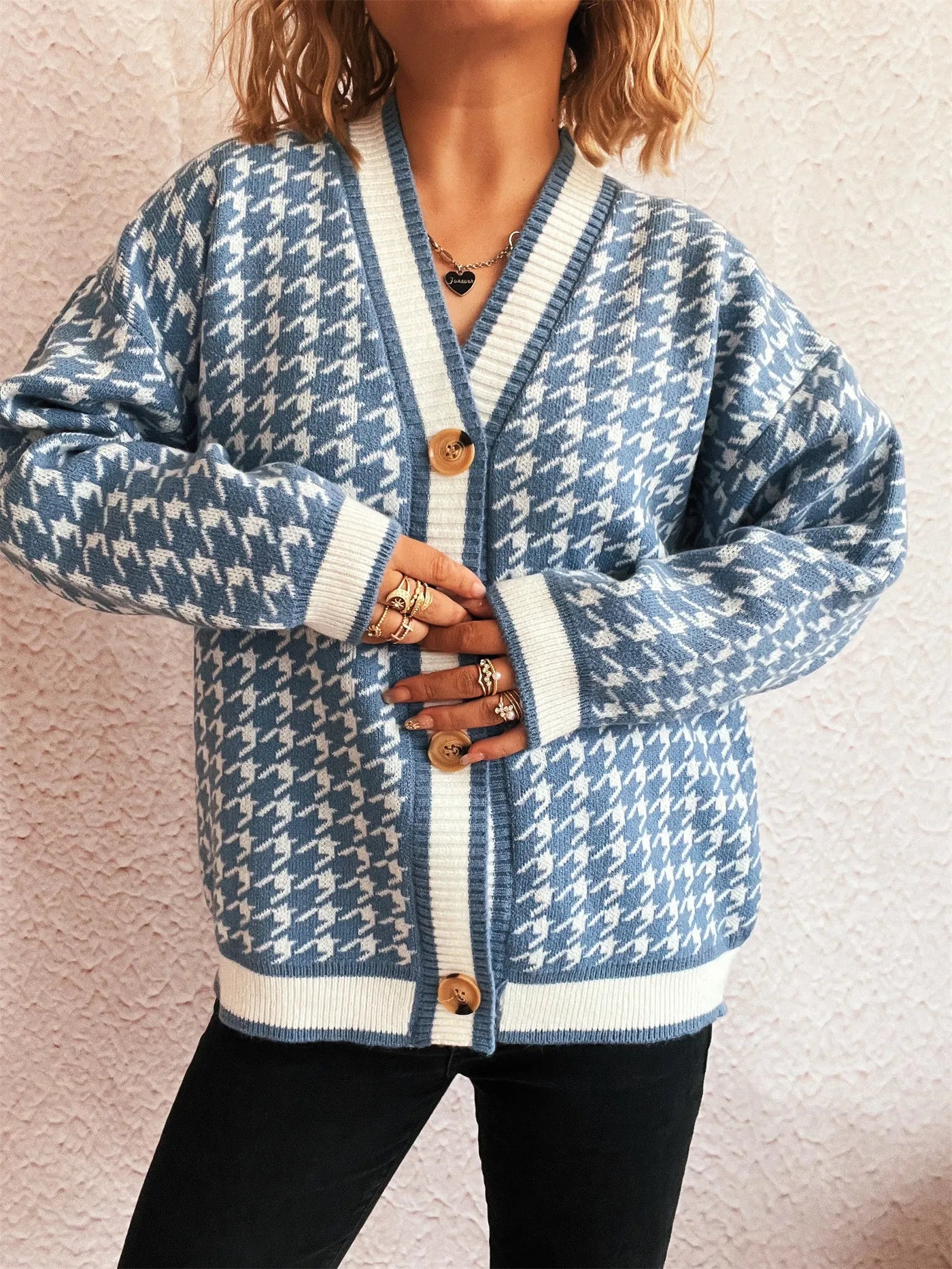 Stitching Plaid Knitted Women's Sweater
