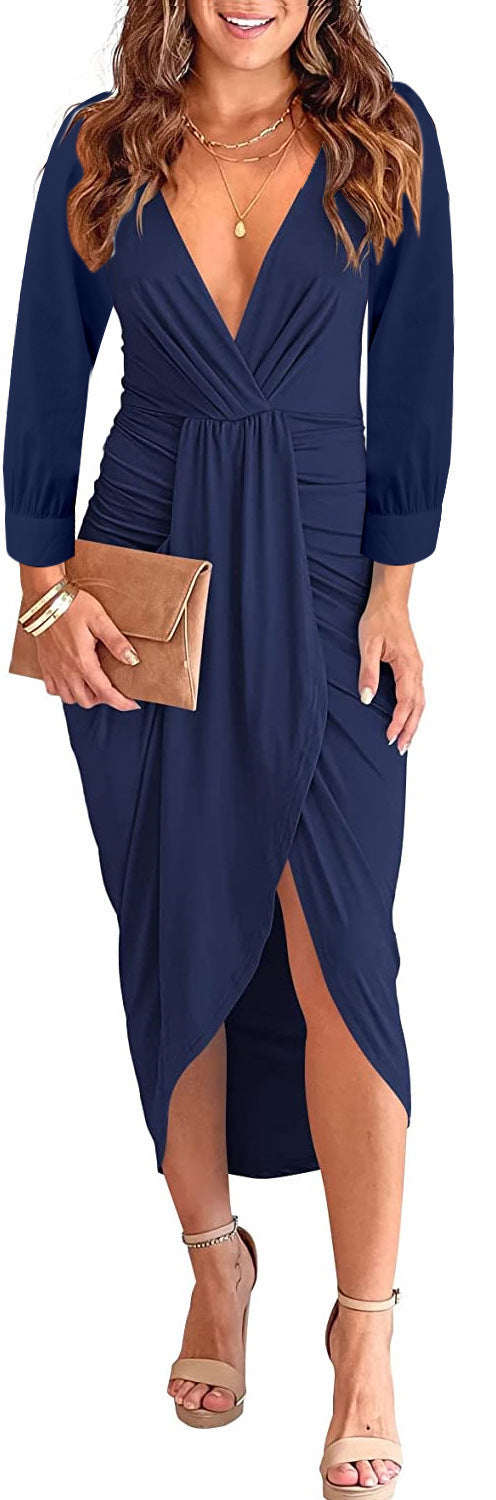 V-neck Ruffle Hip Split Women's Clothing Dress