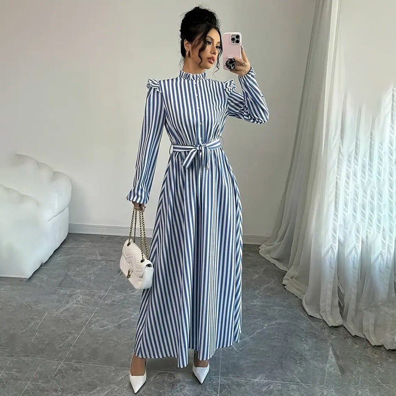 Women's Floral Print Long Sleeve Stand Collar A-Line Maxi Dress -  Free USA Shipping