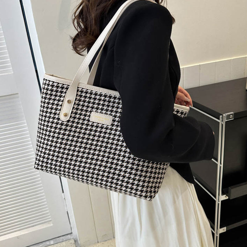 Houndstooth Shoulder Bag Winter Fashion Commuting Handbags Women Large Capacity Totes Casual Shopping Bag