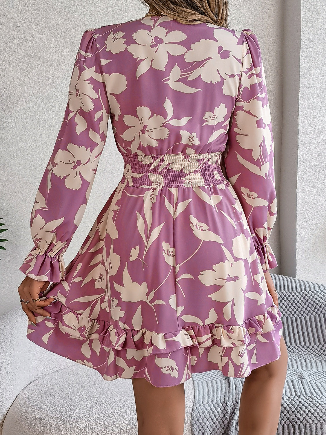 Tied Ruffled Printed Long Sleeve Dress Floral