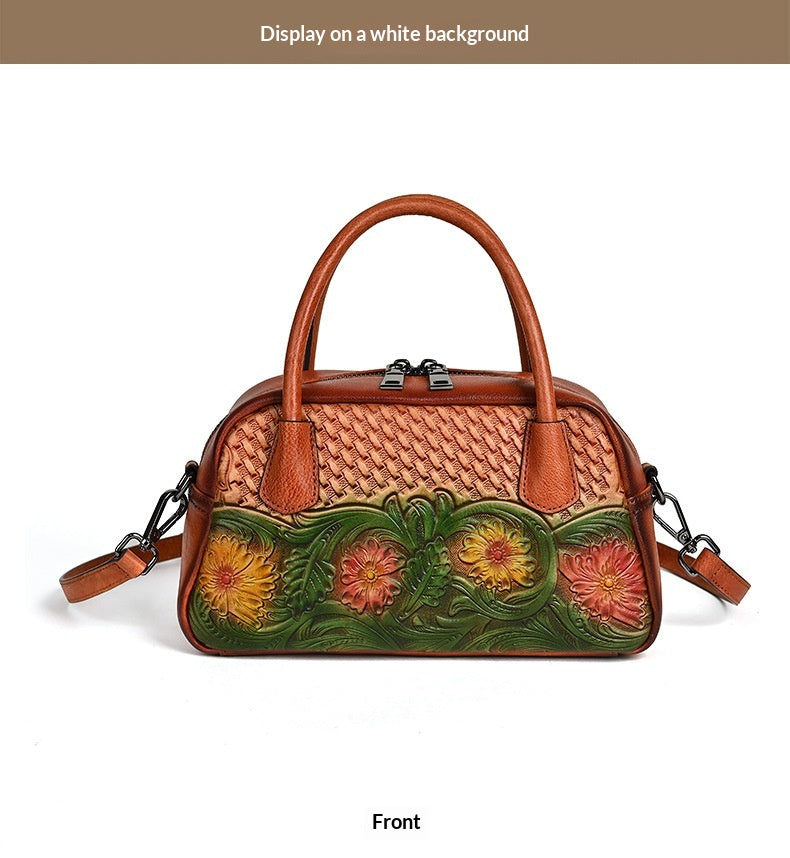 Retro Ethnic-style Full-grain Leather Shoulder Bag For Women