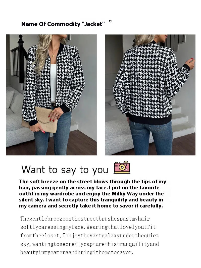 Zipper Houndstooth Jacket Loose Slim-fit Casual Shirt