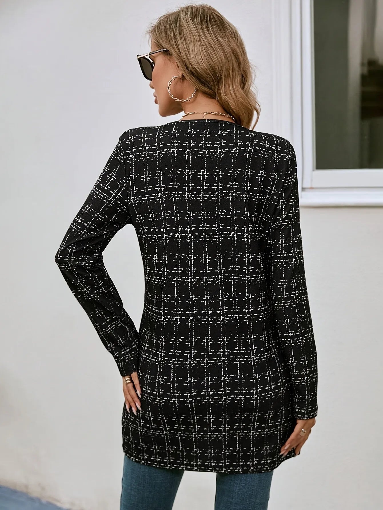 Casual Elegant Plaid Cardigan Crew Neck Coat