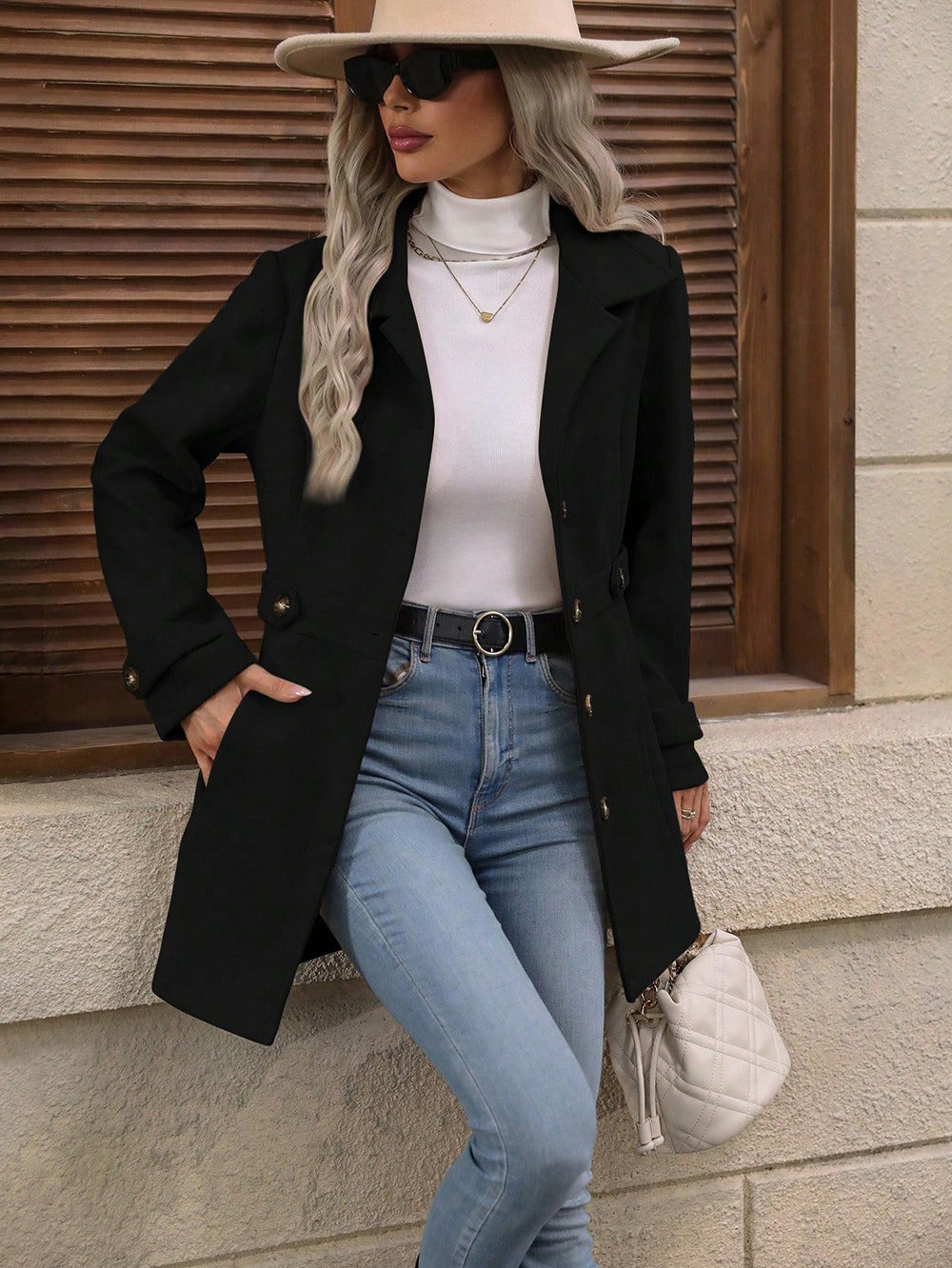 Mid-length Elegant Lapel Button Temperament Slim-fit Woolen Coat