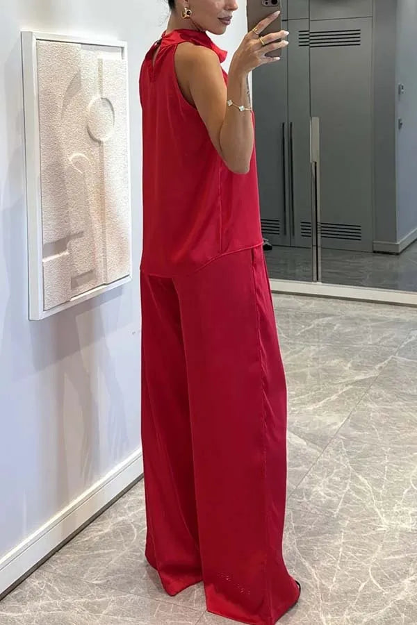Women's Sleeveless Trousers Loose Satin Two-piece Set