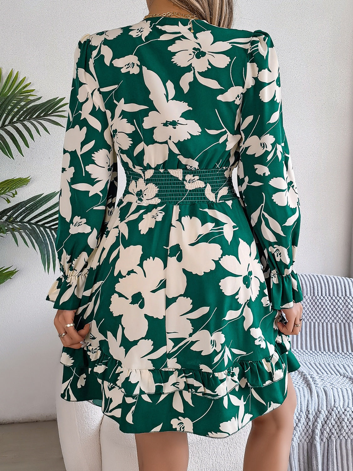 Tied Ruffled Printed Long Sleeve Dress Floral