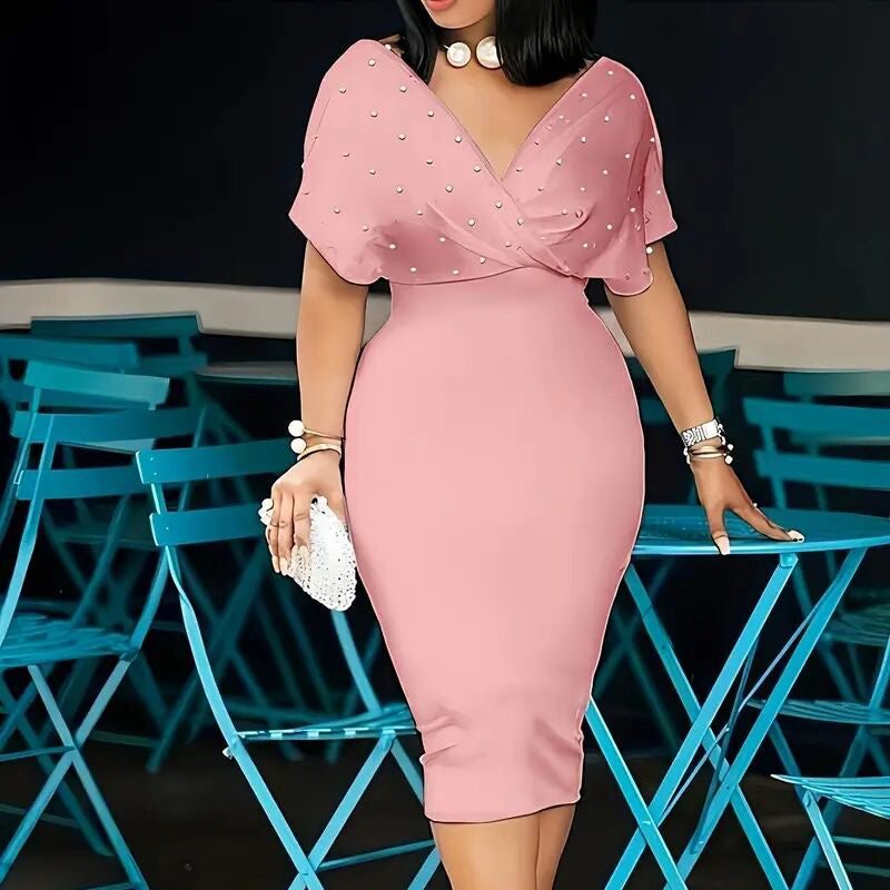 Women's Elegant Deep V Neck Wrap Bodycon Dress Back Zipper Pencil Midi Dress-FREE USA SHIPPING