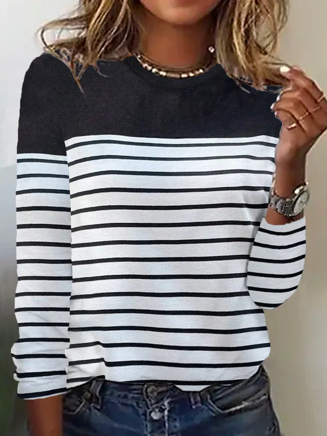 Long Sleeve Striped Two-tone Printed Patchwork Round Neck Top T-shirt